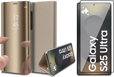 Hoesje geschikt voor Samsung Galaxy S25 Ultra - Screenprotector Glas - Spiegel Book Case Goud