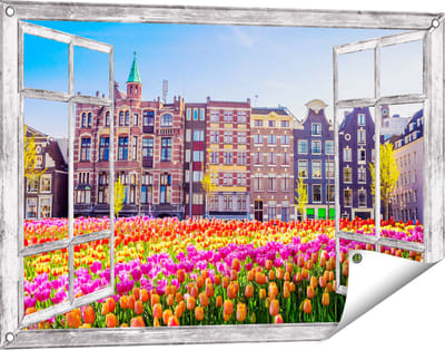 Gards Tuinposter Doorkijk Amsterdamse Huisjes met Tulpen - Kleur - 90x60 cm - Tuindoek - Tuindecoratie - Wanddecoratie buiten - Tuinschilderij