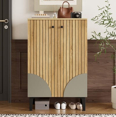 DESMIU Schoenenkast - Ruimtebesparende Kast Met Deuren En Legplanken - Voor Hal En Kleine Ruimtes - MDF En Spaanplaat - 60x32x94 Cm - Naturel
