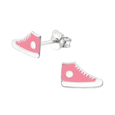 Aramat Jewels | Oorbellen | Zilveren Sneaker Oorbellen – Roze en Witte Emaille – 10x6mm | | | |10mm | Zilver | Kinderen | Verkleurd niet