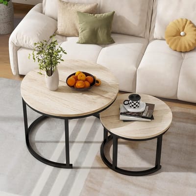 Ronde salontafel set - Bijzettafels metaal hout - Woonkamer decoratie - Industriële stijl - Set van 2 stuks