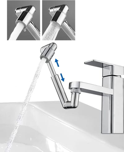 1440 graden kraanverlenger draaibare kraan voor badkamer wastafelkraan, grote hoek twist keukenkraan dubbele functie 2-waterstroom en rotatie beluchter voor aanrecht (chroom)