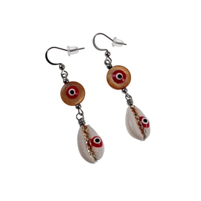 60mm Lange Oorbellen Dames - RVS - Haakoorbellen met Bruine Schelp Versierd met Rode Turkse Oog - Handgemaakt
