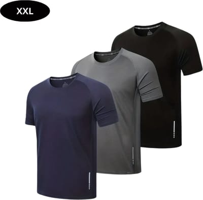 Livano Sportshirt Heren - Sport - Fitness - Compressie Shirt - Corrigerend Hemd - Sportkleding - Mannen - 3 Stuks - Zwart Grijs Blauw- XXL