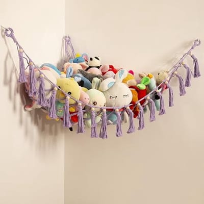 Opbergnet voor knuffels en speelgoed, macramé hangmat voor kinderkamer