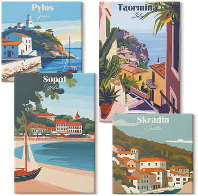 Wallfluent Set van canvas schilderijen - Stijlvolle illustraties van stadsgezichten aan zee Canvas Schilderijen Set - Set van 4 Canvas Schilderijen - Veelkleurig Set van Canvas Prints - Steden Canvas Kunst Set - Boheemse Canvas Kunst Set