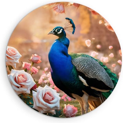 Saammp Muurcirkel Hout - Pauw bij roze Rozen - Dieren - Bloemen - Ø 90 - Wandcirkel - Wanddecoratie Cirkel - muurdecoratie Woonkamer - Slaapkamer decoratie - Rond Schilderij
