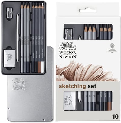 Winsor & Newton 0490010 Studio Collection Grafiet- & Houtskoolpotloden Set 10-delig – Schets- en Tekenpotloden met Accessoires