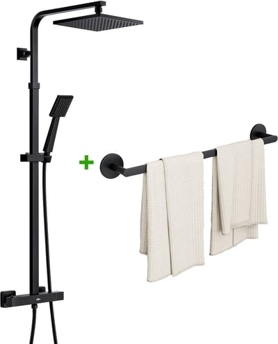 Auralum Max Regendouche Met Thermostaatkraan - Doucheset - inclusief 60CM Handdoekrek Zwart - Douche Regendoucheset - Vierkant Handdouche en Regendouchekop - Waterbesparend