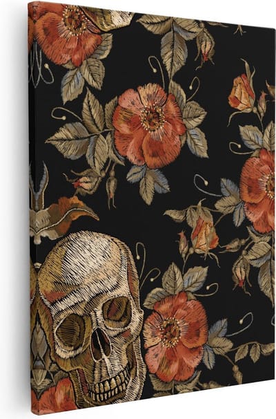 Artaza Canvas Schilderij Doodshoofd Met Rozen - 40x50 cm - Muurdecoratie Bloemen - Wanddecoratie Gothic - Kamer Accessoires
