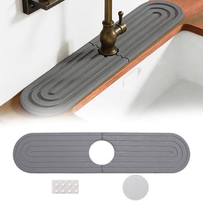 Faucet Mat van 40×10 cm in Donkergrijs, Absorberend en Drainerend, Ideaal voor Keuken en Badkamer, Inclusief Schuurpapier en Rubber Pads