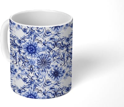 Mok - Koffiemok - Bloemen - Blauw - Patroon - Wit - Mokken - 350 ML - Beker - Koffiemokken - Theemok