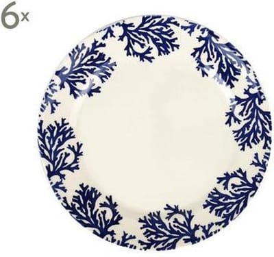 6st handbeschilderd dessertbord koraal ecru & blauw van Port Maine
