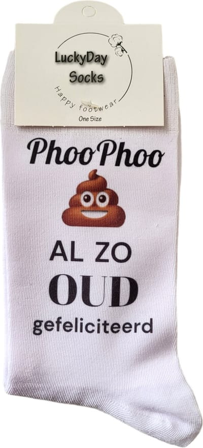 Gefeliciteerd - Jarig - Verjaardag - Gift - Valentijns cadeau - Sokken met tekst - Witte sokken - Cadeau voor vrouw en man - Kado - Sokken - Verjaardags cadeau voor hem en haar - Drol - Vaderdag - Moederdag - LuckyDay Socks - Maat 37-44