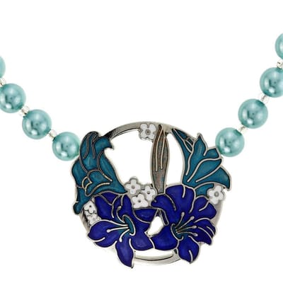 Behave - Emaille bloemen ketting dames - Art nouveau stijl - Blauw parel