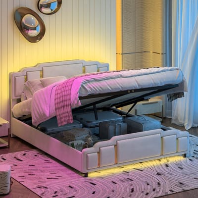 HAUSS SPOLE Gestoffeerd Bed 140x200 cm - Tweepersoonsbed Met Led En Opbergruimte - Zonder Matras - Fluweel - Beige
