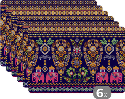 Placemat - Placemats kunststof - Patronen - Olifant - Roze - 45x30 cm - 6 stuks - Hittebestendig - Anti-Slip - Onderlegger - Afneembaar