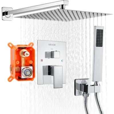 VEVOR Douchekraan Regendouchesysteem voor Badkamer Douchesysteem met 305 mm Vierkante Regendouchekop & Handdouche, Wandgemonteerde Badkamerkranen met Messing Klep & Afwerkingsset, Zilver Chroom