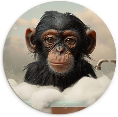 WallCircle® Wandcirkel 120x120 cm - Muurcirkel Aap - Dieren - Bad - Schuim - Dierenportret - Badkamer - Humor - Muurdecoratie cirkel woonkamer - Wanddecoratie slaapkamer - Kamer decoratie accessoires - Ronde schilderijen binnen