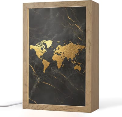 Tafellamp 20x30 cm - LED lamp - Wereldkaart - Goud - Marmer - Decoratieve tafellampen - Dimbaar - Tafellampje slaapkamer - Woonkamer binnen