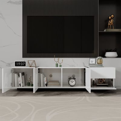 TV-meubel 170x30x39cm - lage kast - met LED-verlichting - witte hoogglans kast en zwarte tafelpoten - met deuren en lades