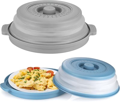 2 Stuks Opvouwbare Voedsel Afdekkappen – Uitschuifbare Magnetron Deksel – Anti-spat Schaal Deksel – Vershoud & Warmhoud Deksel – Blauw + Grijs