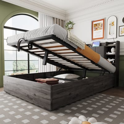 SINGULARITY-Houten bed- afmeting 140 x 200 cm- hydraulisch bed- hoofdeinde met opbergruimte- voorzien van USB-aansluiting en Tape-C-aansluiting- tweepersoonsbed- eenpersoonsbed- grijs (zonder matras)