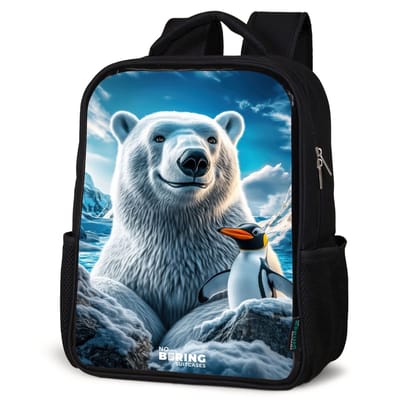 NoBoringSuitcases.com® - Rugzak zwart - Schooltas jongen & meisje - IJsbeer en pinguïn in besneeuwd berglandschap - Rugtas voor school - Boekentas kind - Schoolrugzak - Kinderrugzak