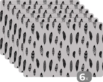 Placemat - Placemats kunststof - Veren - Zwart Wit - Patroon - Vogel - 45x30 cm - 6 stuks - Hittebestendig - Anti-Slip - Onderlegger - Afneembaar