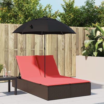 vidaXL - Ligbed - 2-persoons - met - kussens - en - parasol - poly - rattan - bruin