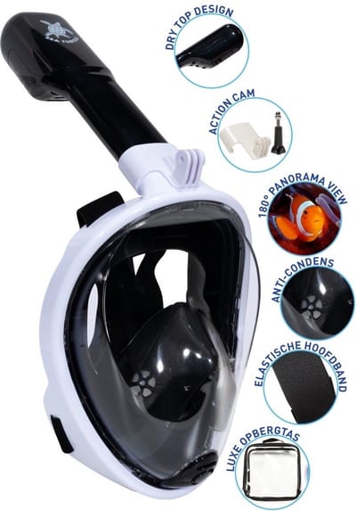 Sea Turtle Snorkelmasker - Snorkel - Duikbril - Snorkelset - Full Face Masker - Volwassenen - Wit/Zwart- L/XL