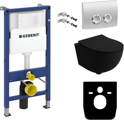 Inbouwreservoir Complete Toiletset Geberit Duofix Basic - Inbouw WC Hangtoilet Wandcloset BRAVA BLACK Zwart Mat - Bedieningsplaat DELTA Chroom Rund - Voorwandelement - Installatiesysteem