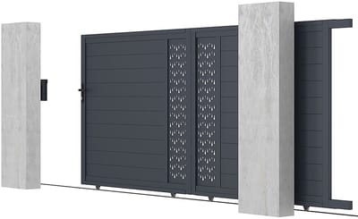 Vente-unique Elektrische schuifpoort van aluminium met motieven - Halfopengewerkt - L.416 x H.180 cm - Antraciet - GREGOR