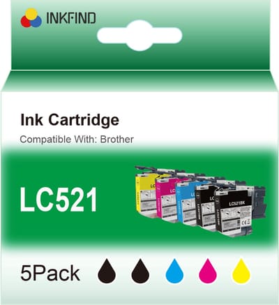 INKFIND LC521 Zwart/Zwart/Cyaan/Magenta/Geel inktcartridge compatibel met Brother LC521 LC-521 LC521VAL Multipack 5 stuks (Zwart x 2, Cyaan x 1, Magenta x 1, Geel x 1) geschikt voor Brother DCP-J1260W/J1310DW/J1313DW/J1360DW/J1460DW -5-pack BK+BK/CMY