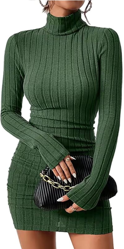 Modieuze jurk coltrui - Lange mouwen - Herfst Winter - Mini bodycon - Groen