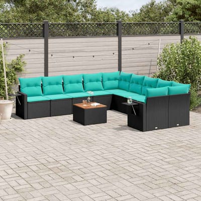vidaXL - 11-delige - tuinbankset - met - kussens, - zwart - polyrotan