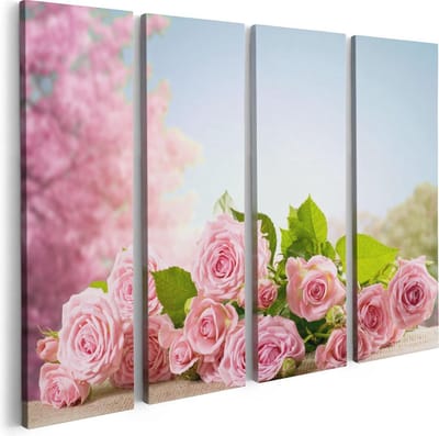 Artaza Canvas Schilderij Vierluik Boeket Roze Rozen Bloemen - 80x60 - Foto Op Canvas - Canvas Print