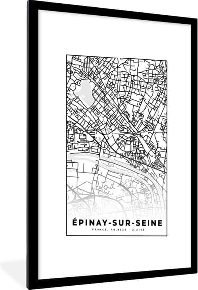 Fotolijst incl. Poster Zwart Wit- Stadskaart - Plattegrond - Kaart - Frankrijk - Épinay-sur-Seine - Zwart wit - 60x90 cm - Posterlijst