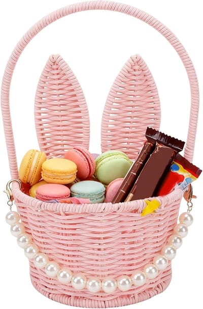 Dailygoods- Paashaasmand Stevige Constructie - PP Rotan - Roze Paaseimand - Konijnenoormand - Snoeppicknick - Decoratieve Versiering