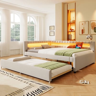 KOMHTOM - Dagbed & Slaapbank - LED-lichtstrip met afstandsbediening - Uitschuifbaar - 140*200 cm - Zonder matras - USB + TYPE-C - Linnen - Beige