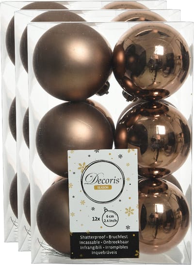 Decoris kerstballen - 36x st - walnoot bruin - D6 cm - kunststof - mat/glans - kerstversiering