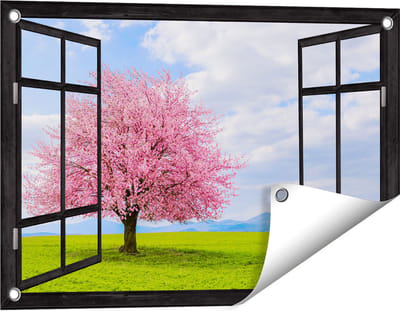 Gards Tuinposter Doorkijk Roze Sakura Bloesem Boom in het Groene Veld - 60x40 cm - Tuindoek - Tuindecoratie - Wanddecoratie buiten - Tuinschilderij