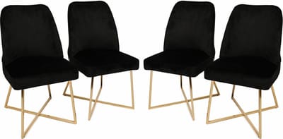 Asir Stoelenset (4 Stuks) Zwart. Montuur: 100% METAAL. Zitting: FLUWELEN STOF / KUNSTLEER. Metalen poten. Breedte: 50 cm Hoogte: 90 cm Diepte: 49 cm (4 stuks). Draagvermogen: 160 kg