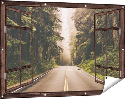 Gards Tuinposter Doorkijk Highway in Californië Omring met Bos - 120x80 cm - Tuindoek - Tuindecoratie - Wanddecoratie buiten - Tuinschilderij