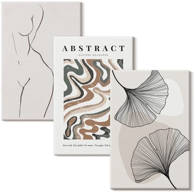 Wallfluent Set van canvas schilderijen - Abstracte poster met vrouwelijke vormen in boho-stijl Canvas Schilderijen Set - set 3 stuks 20x30 cm - Beige Set van Canvas Prints - Abstractie Canvas Kunst Set - Boheemse Canvas Kunst Set