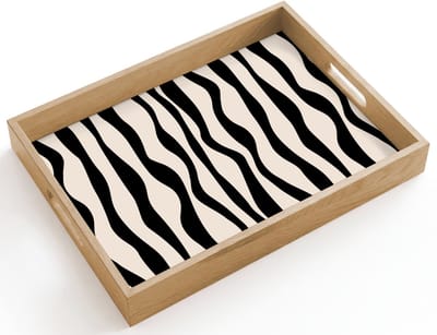 Dienblad hout 40x30 cm - Schootdienblad - Golvende lijnen - Beige - Zwart - Abstract - Borrelplank rechthoek - Plateau dienbladen