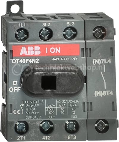 ABB Componenten SwitchLine - OT40F4N2 / Lastscheider 4P, 40 A bodem / DIN-rail montage, verkoop per: 1 x 1 stuk - 1SCA104932R1001, 6417019390727 | Aantal polen: 4 | Beschermingsgraad (NEMA): 1 | Vergrendelbaar: Nee | Beschermingsgraad frontzijde (IP)