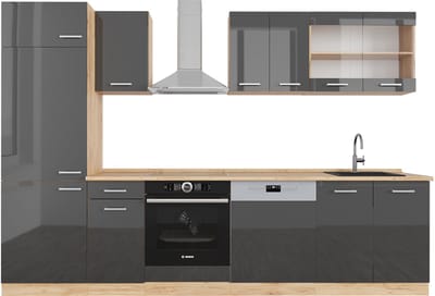 Vicco R-Line Complete keukeneenheid – 300 cm zonder werkblad Antraciet hoogglans/goud eiken