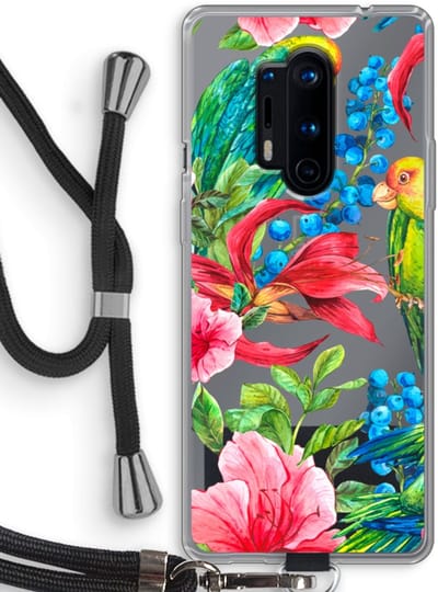 Case Company® - Hoesje met koord geschikt voor OnePlus 8 Pro hoesje met Koord - Papegaaien - Telefoonhoesje met Zwart Koord - Bescherming aan alle Kanten en Over de Schermrand