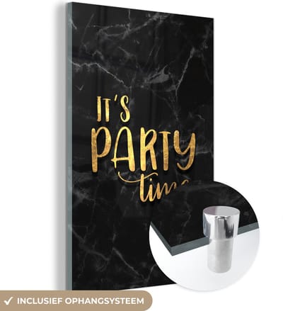 MuchoWow® Glasschilderij 40x60 cm - Schilderij acrylglas - Quote - Feest - Goud - Marmer - Foto op glas - Schilderijen